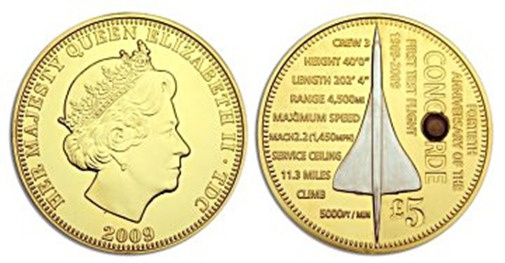 2009 Tristan da Cunha Large Gold plated 5 pounds -Concorde-w/piece of Airplane Heat Shield